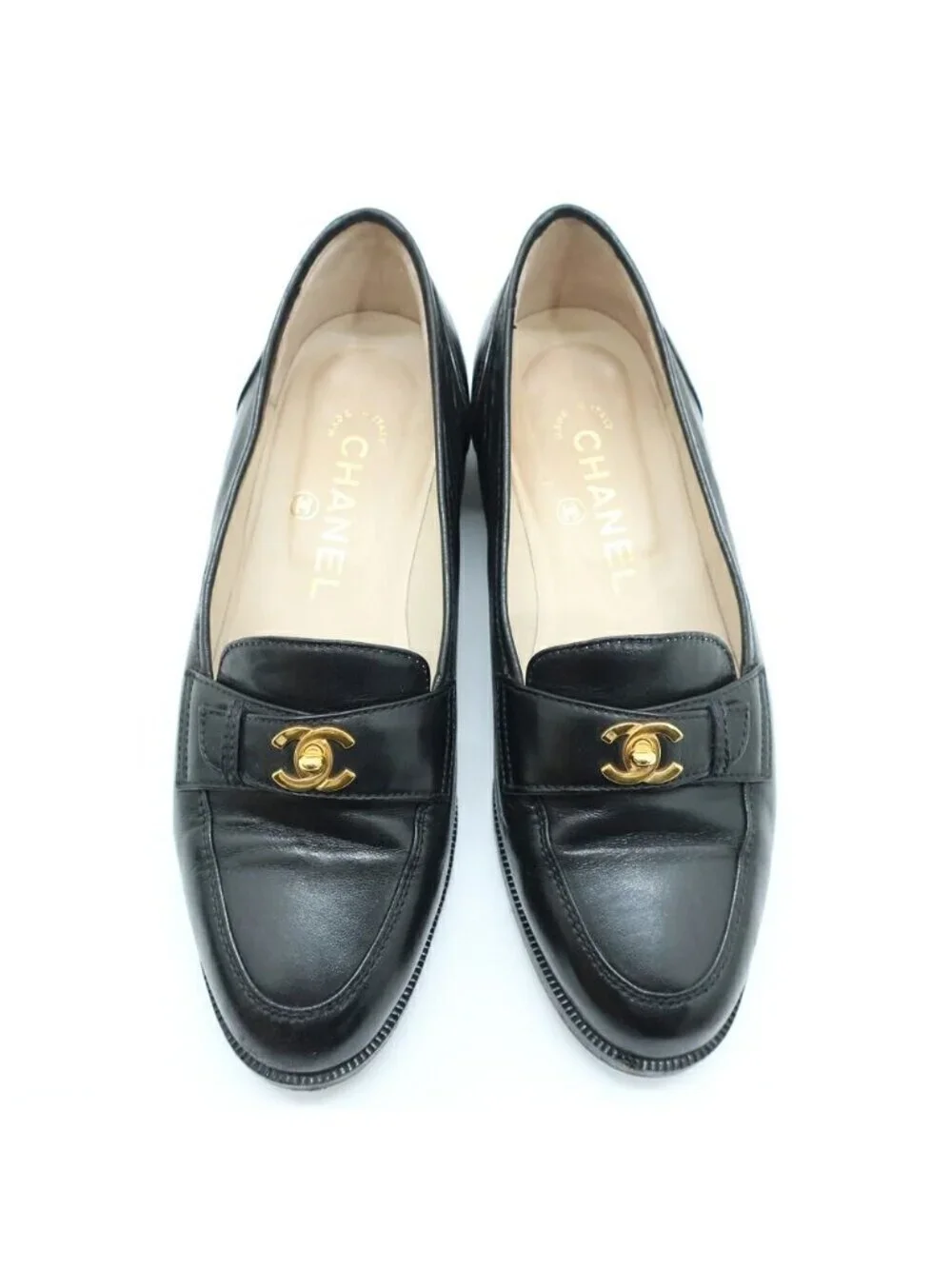 Chanel Turnlock Loafers Black CC Logo Pumps Shoes Heels 1.8 Leather